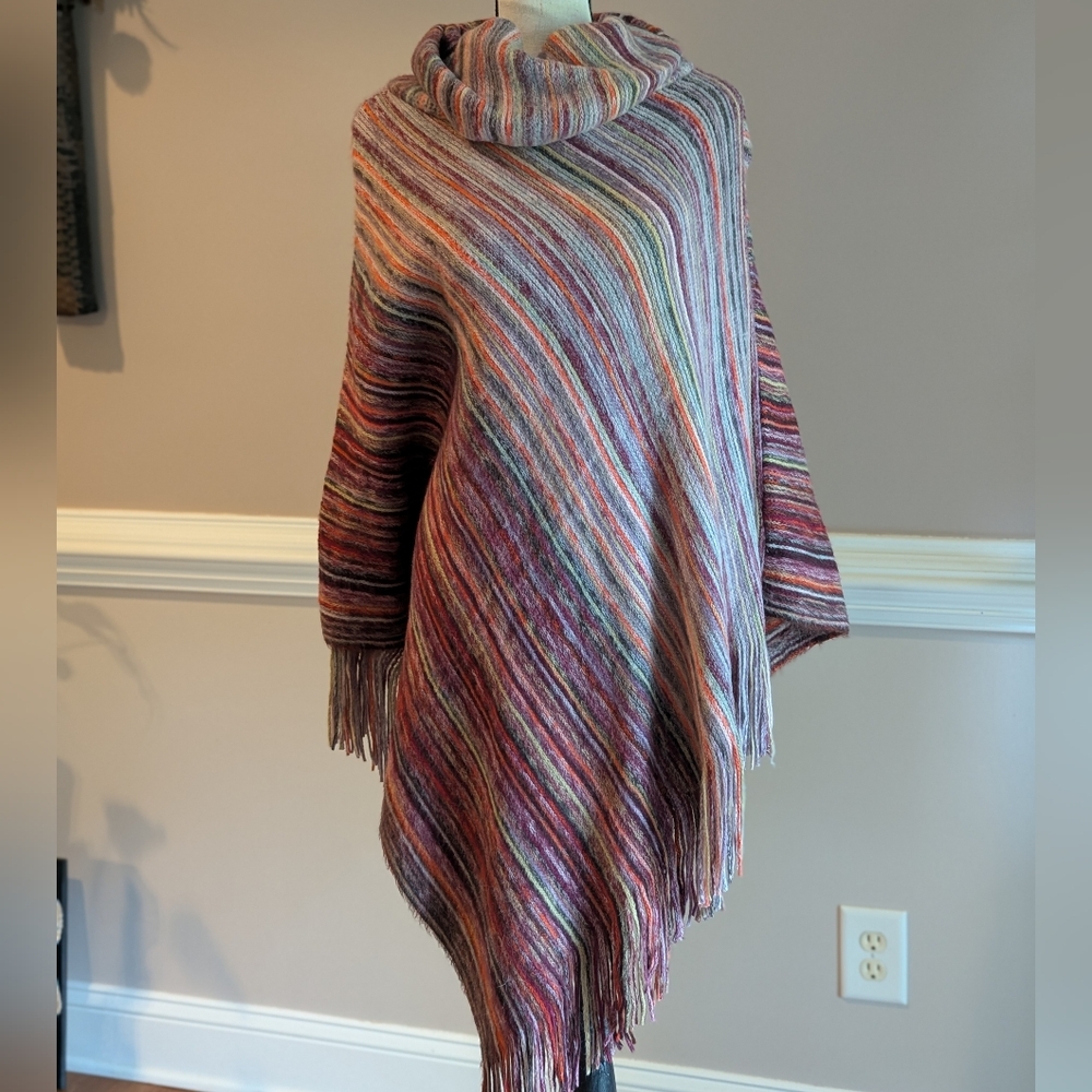 Striped Multicolor Poncho with Fringe